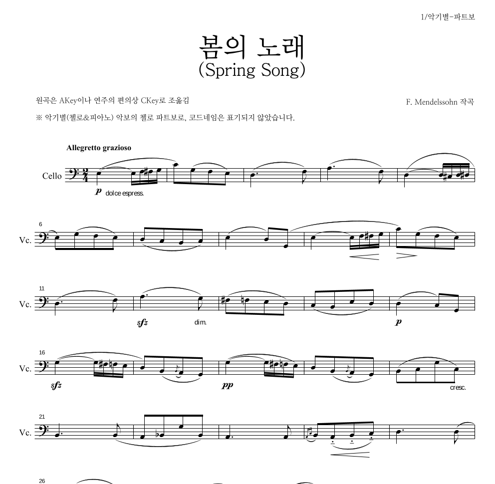 멘델스존 - 봄의 노래(Spring Song) 첼로 파트보 악보 