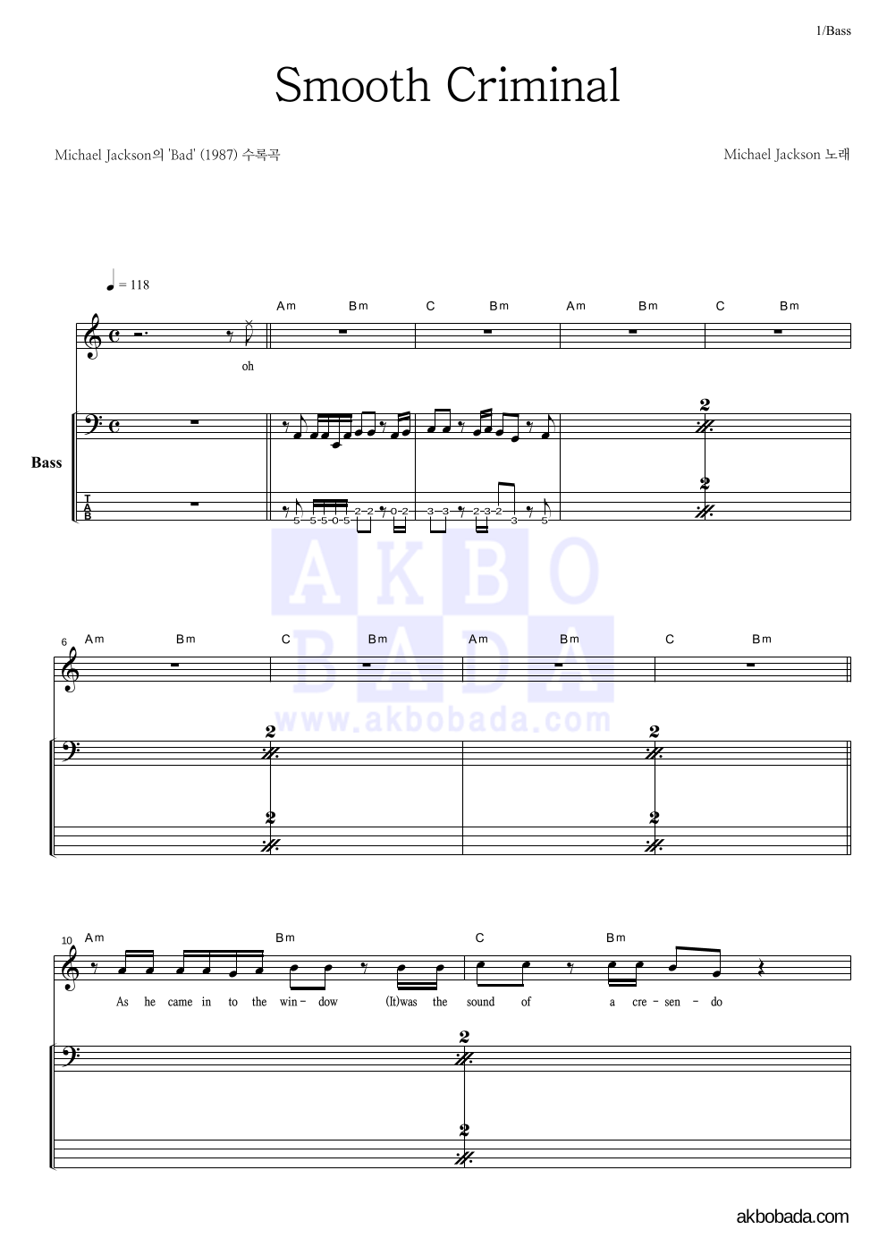Michael Jackson - Smooth Criminal 베이스 악보 