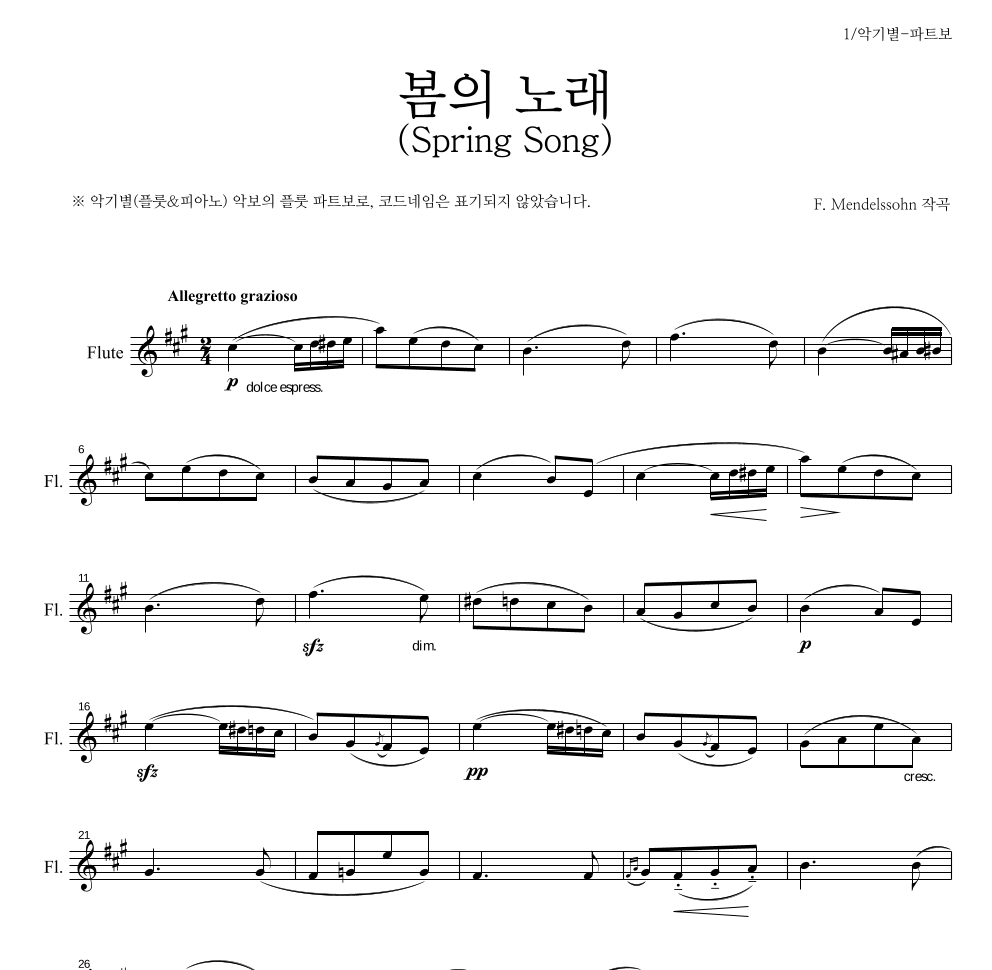 멘델스존 - 봄의 노래(Spring Song) 플룻 파트보 악보 