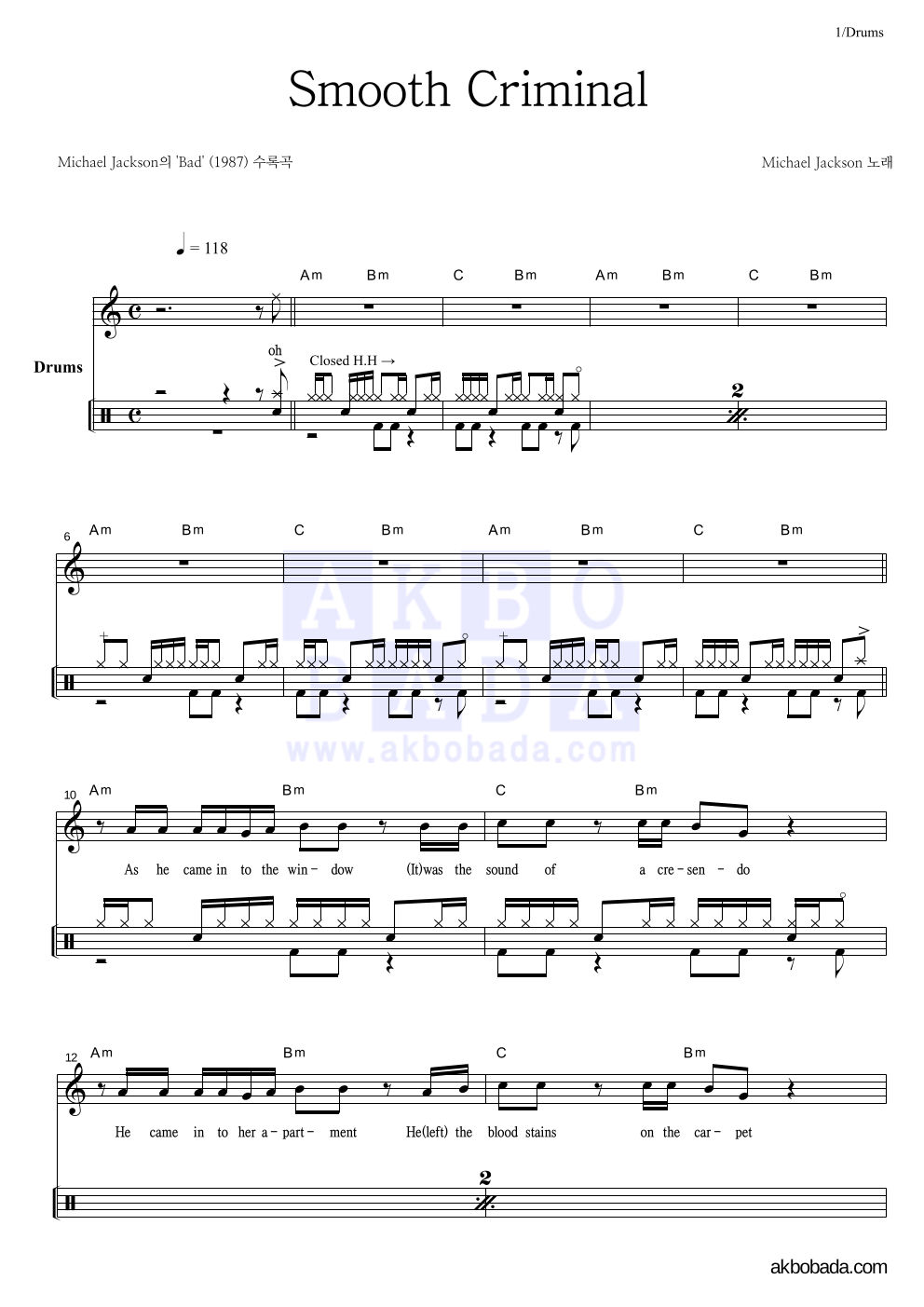 Michael Jackson - Smooth Criminal 드럼 악보 