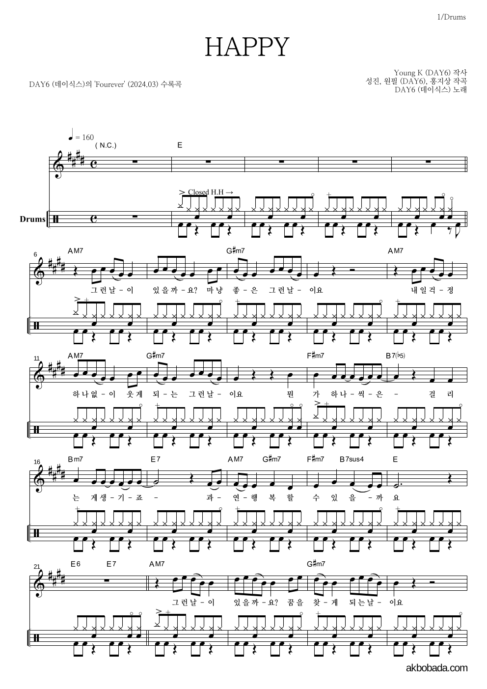 DAY6 - HAPPY 드럼 악보 