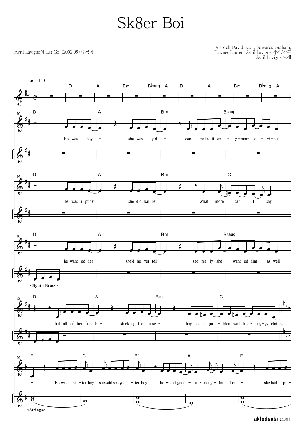 Avril Lavigne - Sk8er Boi 건반 악보 