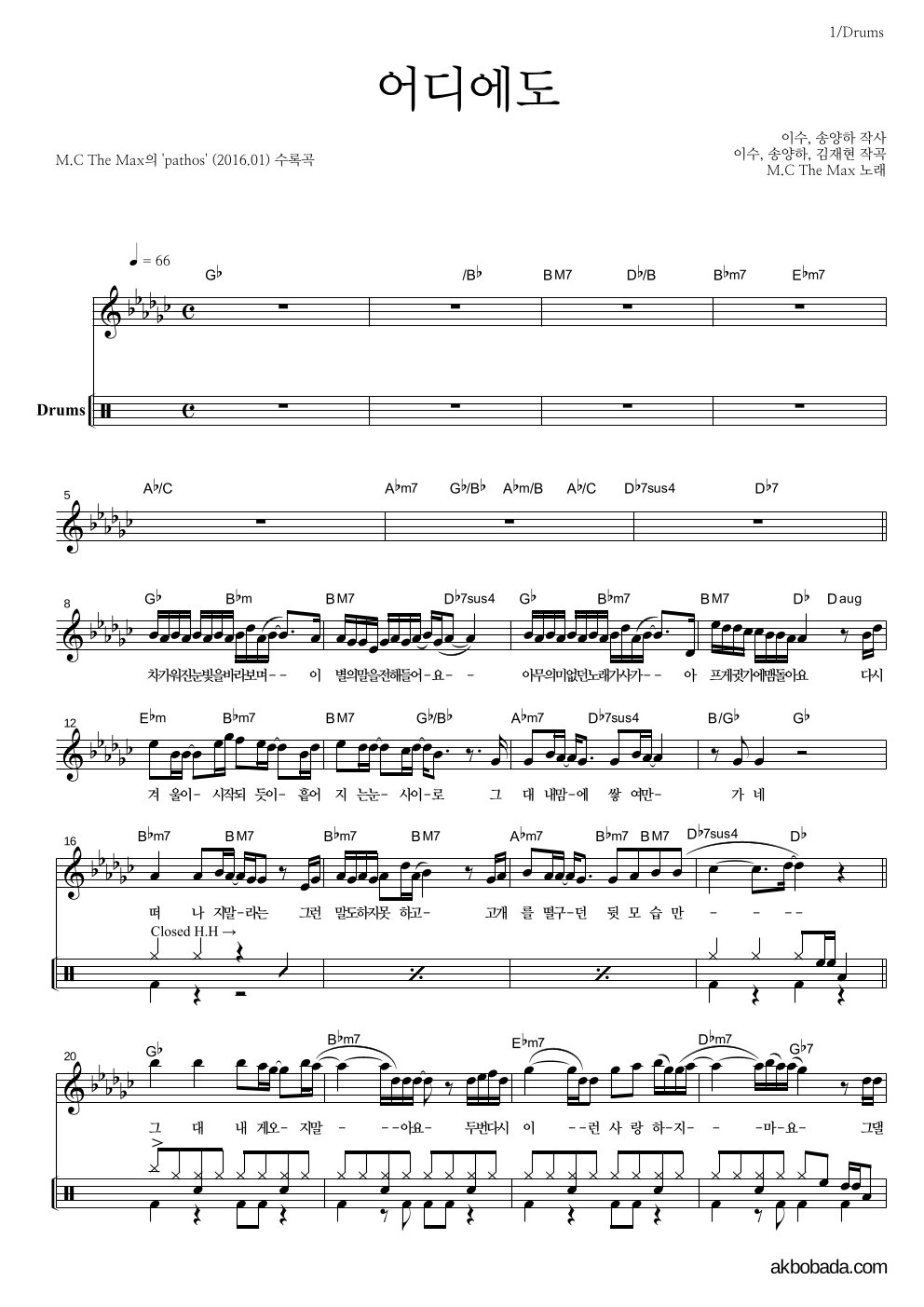 엠씨더맥스 - 어디에도 드럼-쉬워요 악보 