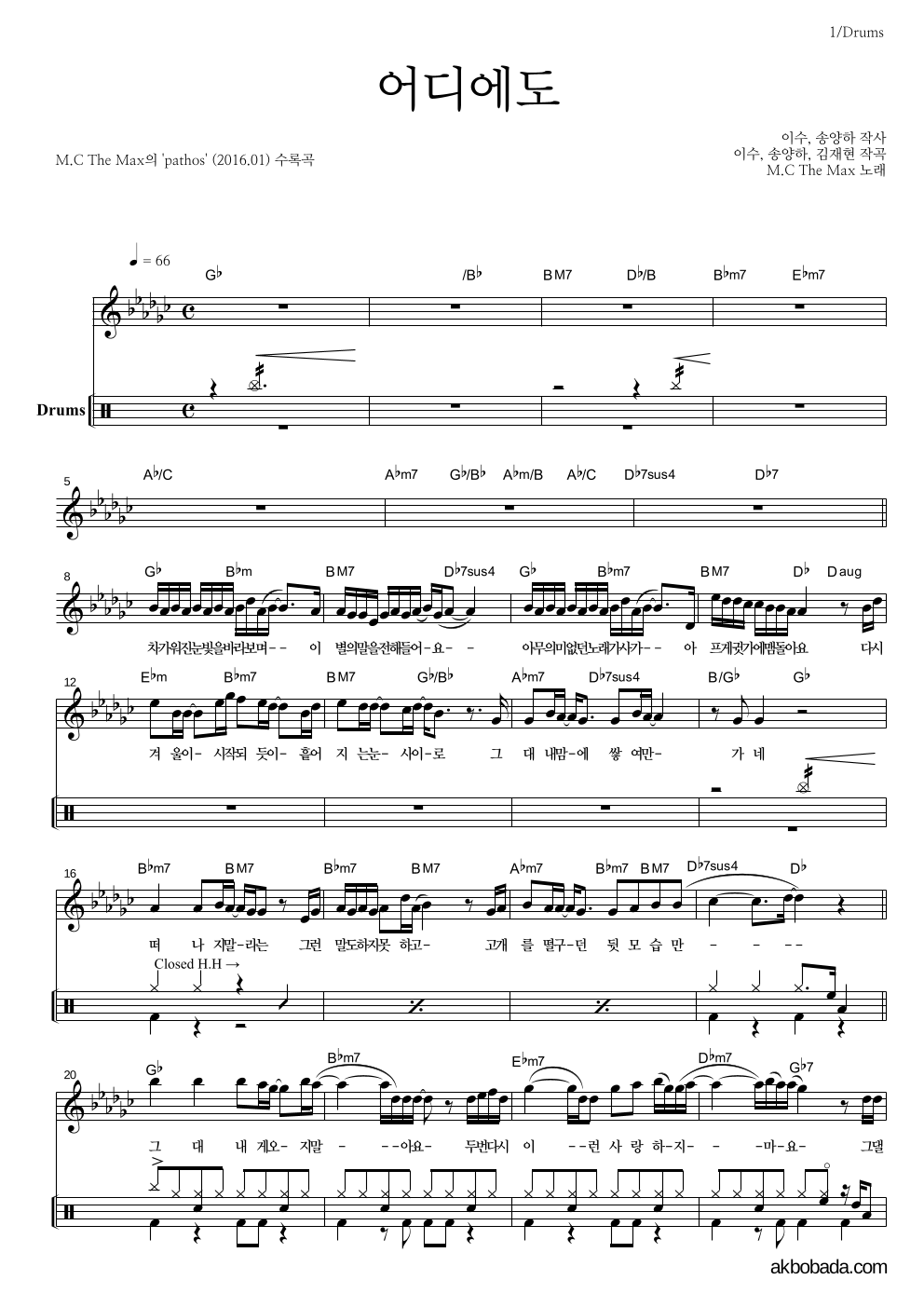 엠씨더맥스 - 어디에도 드럼 악보 