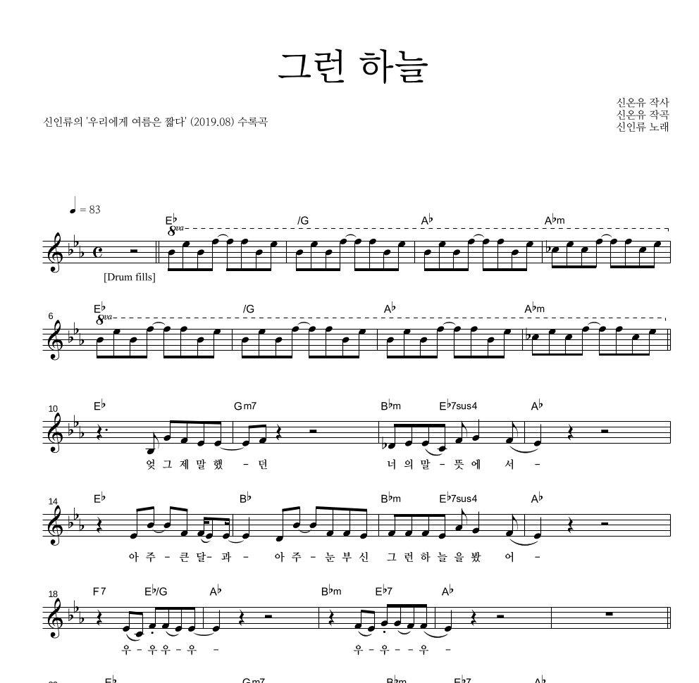 신인류 - 그런 하늘 멜로디 악보 