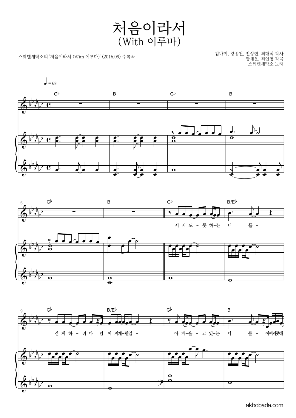 스웨덴세탁소 - 처음이라서 (With 이루마) 피아노 3단 악보 