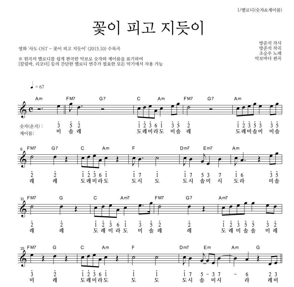 조승우 - 꽃이 피고 지듯이 멜로디-숫자&계이름 악보 