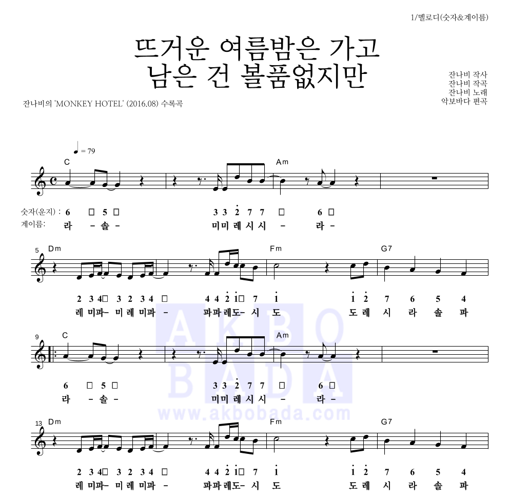 잔나비 - 뜨거운 여름밤은 가고 남은 건 볼품없지만 멜로디-숫자&계이름 악보 