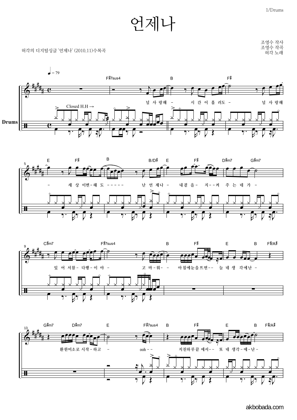 허각 - 언제나 드럼 악보 