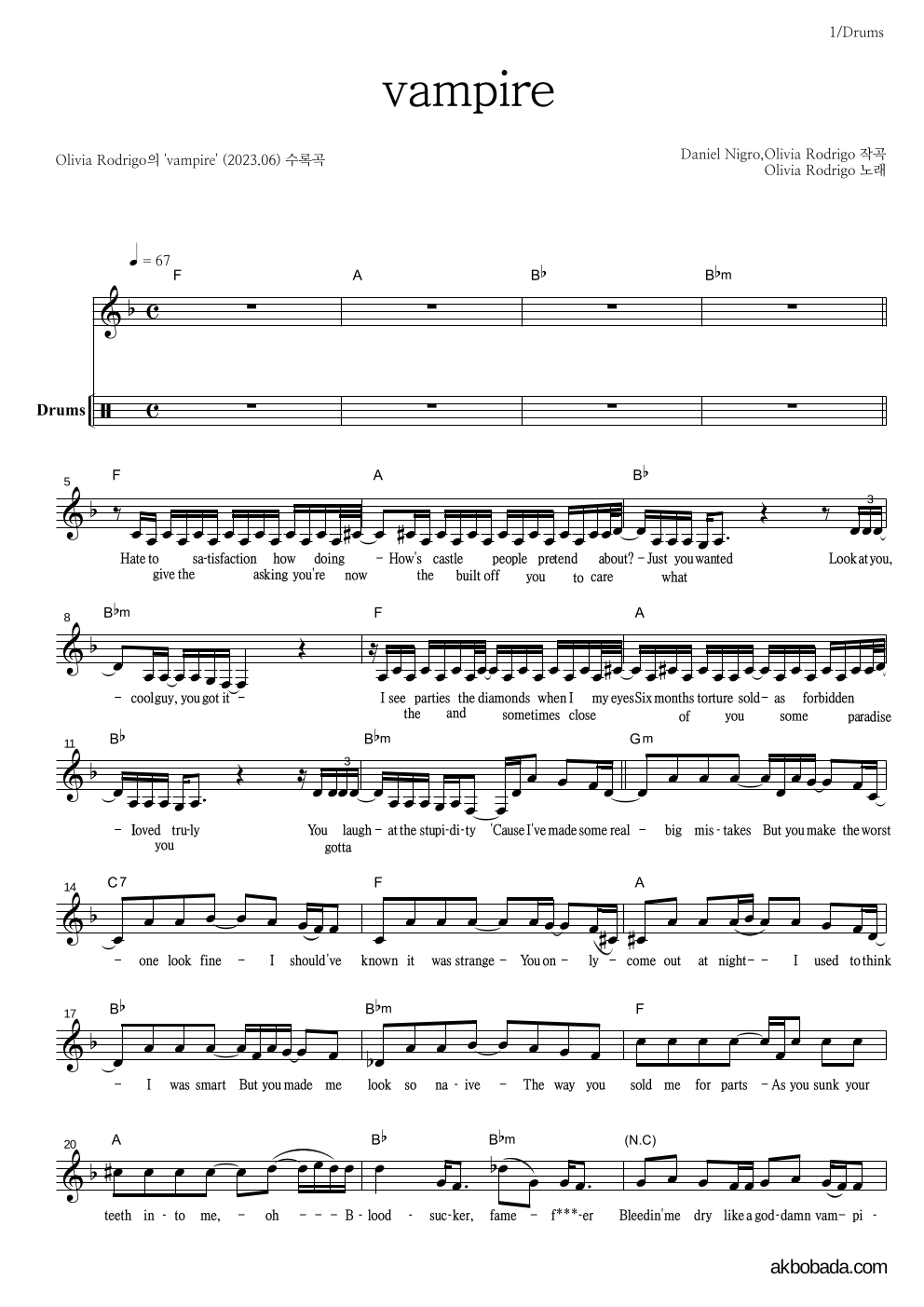 Olivia Rodrigo - vampire 드럼 악보 