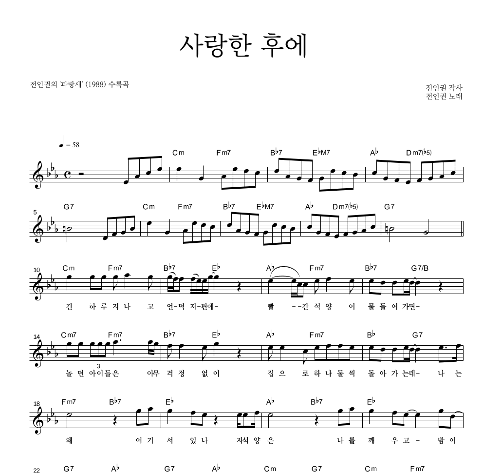 전인권 - 사랑한 후에 멜로디 악보 