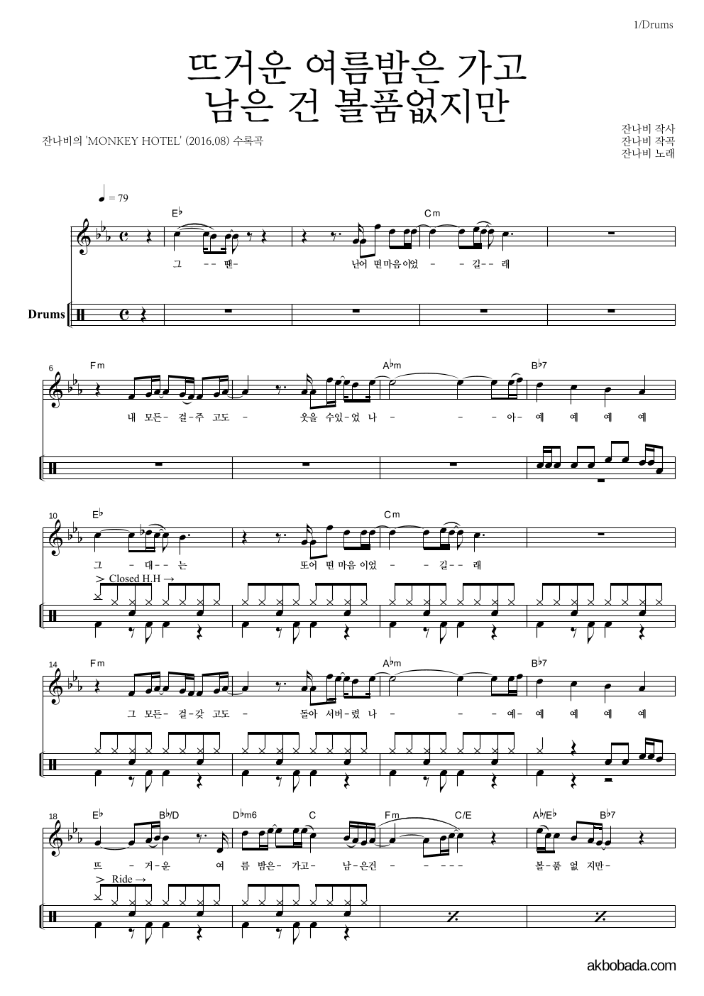 잔나비 - 뜨거운 여름밤은 가고 남은 건 볼품없지만 드럼-쉬워요 악보 