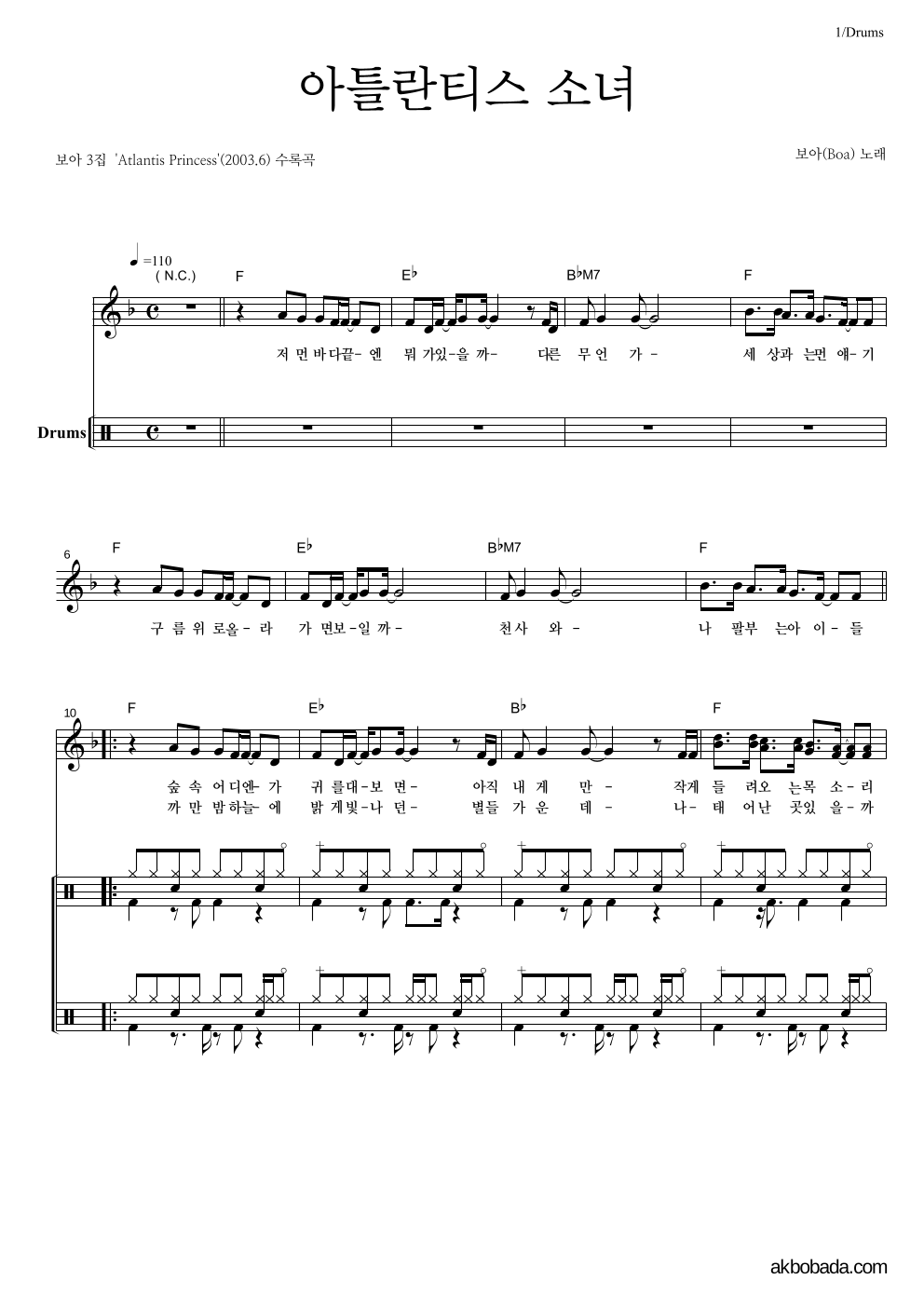 보아(BoA) - 아틀란티스 소녀 드럼 악보 