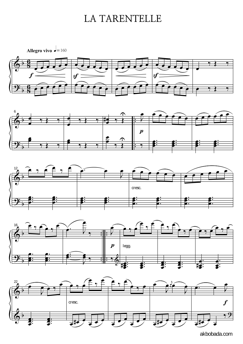 부르크뮐러 - 25 leichte Etuden Op.100 No.20 Tarentelle 피아노 2단 악보 