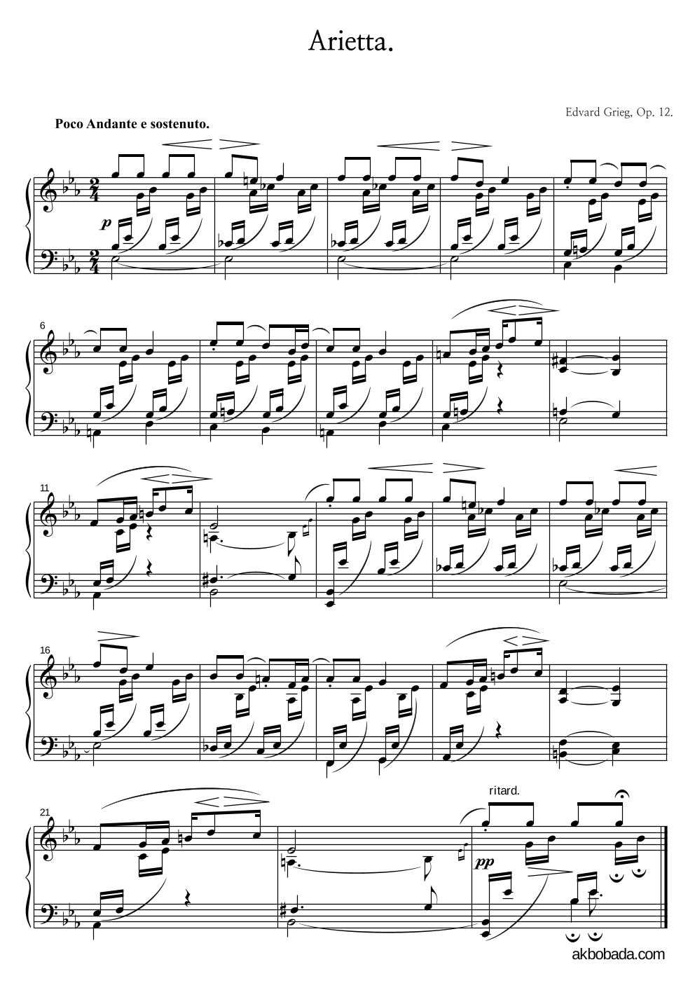 그리그 - Lyric Pieces Book I, Op.12 - 1. Arietta 피아노 2단 악보 