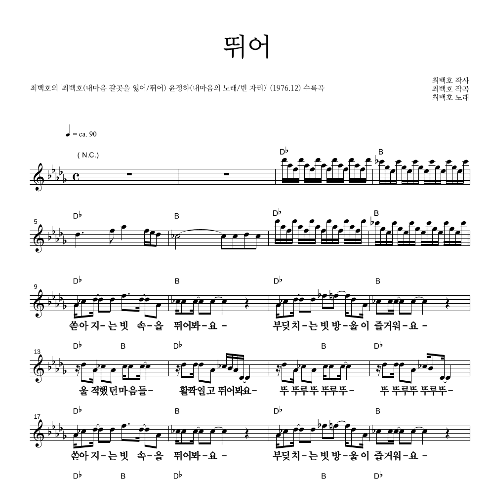 최백호 - 뛰어 멜로디 큰가사 악보 