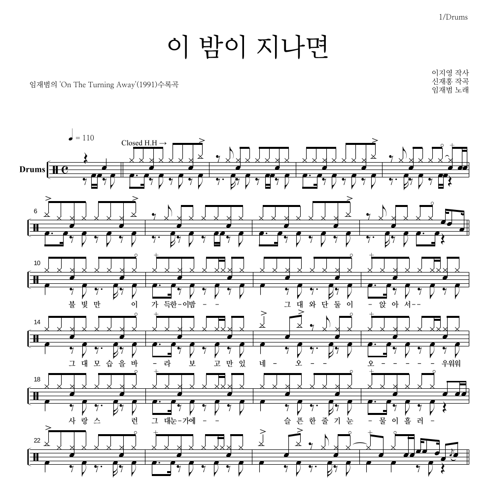 임재범 - 이 밤이 지나면 드럼(Tab) 악보 