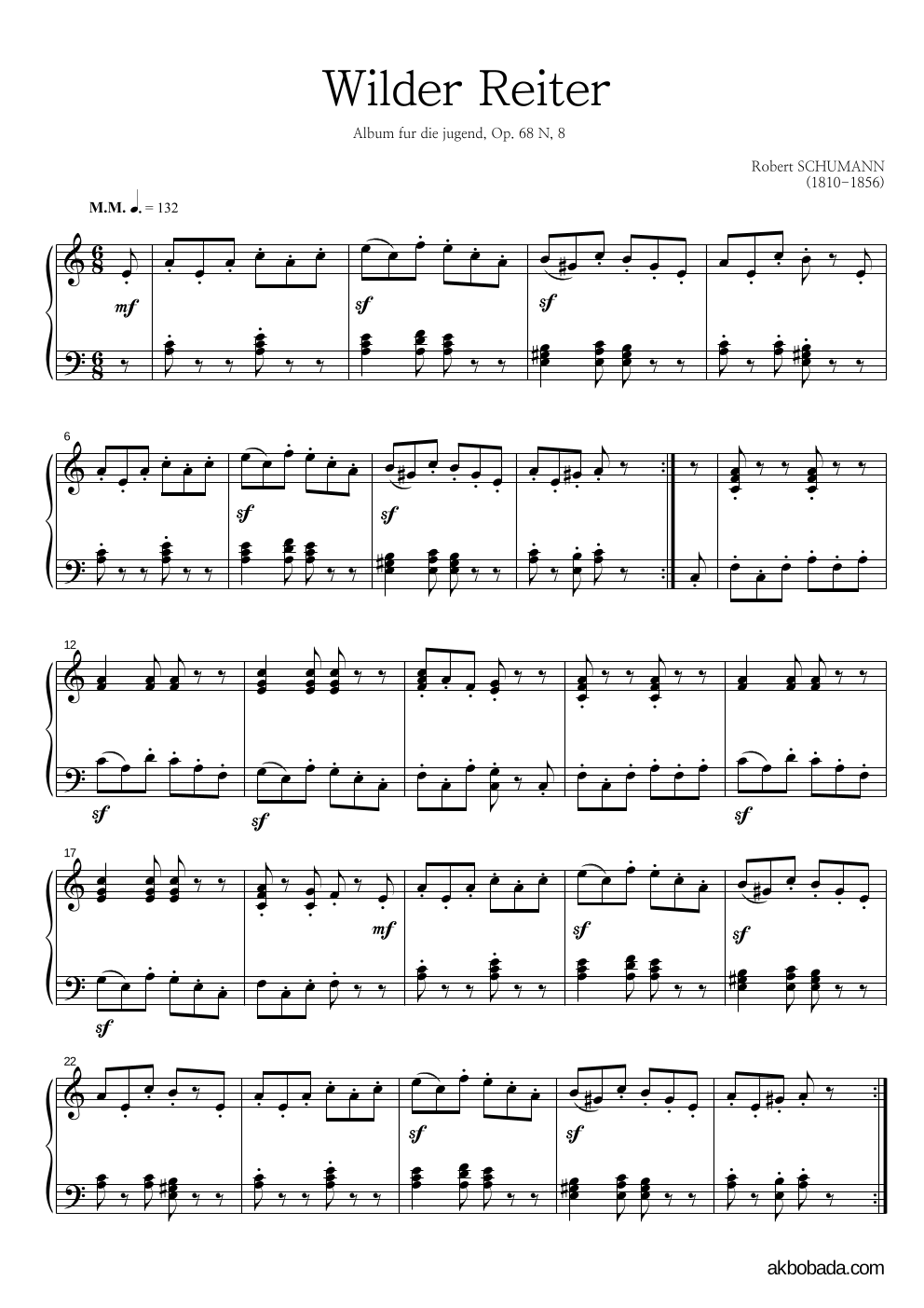 슈만 - The Wild Horseman, op. 68, no. 8 피아노 2단 악보 