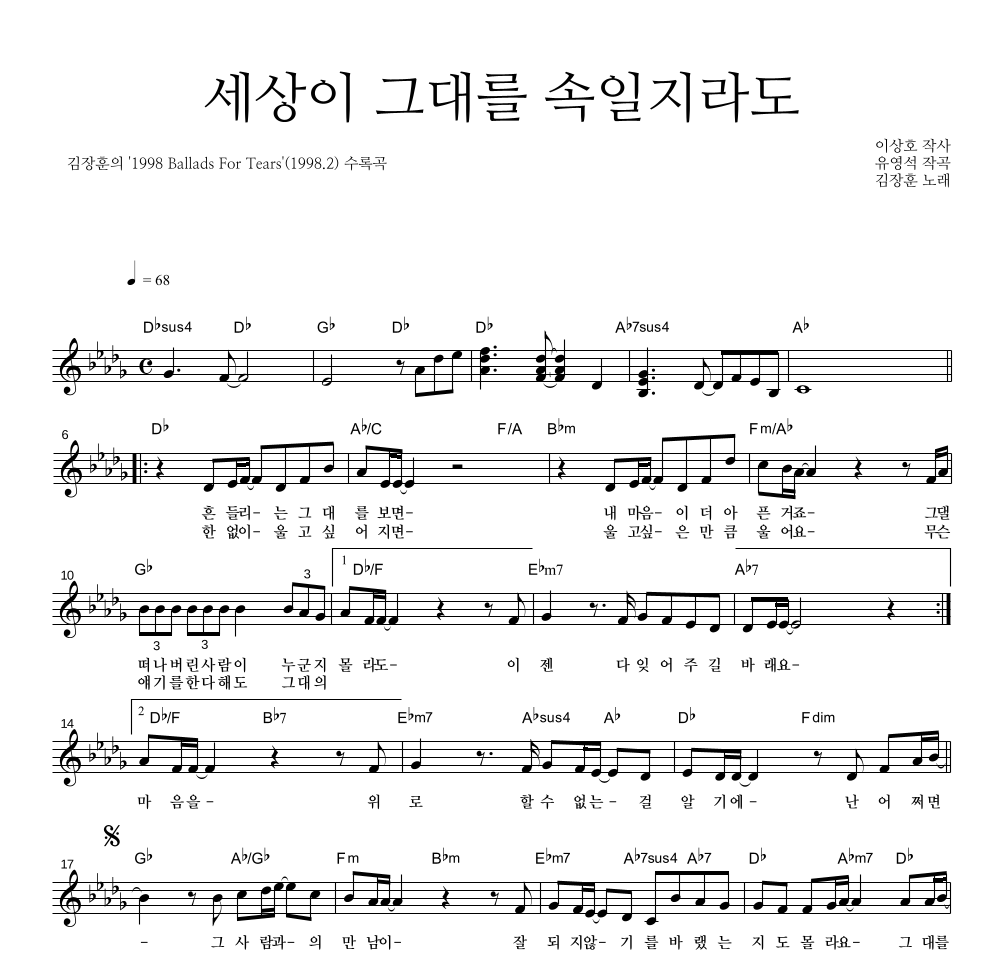 김장훈 - 세상이 그대를 속일지라도 멜로디 악보 