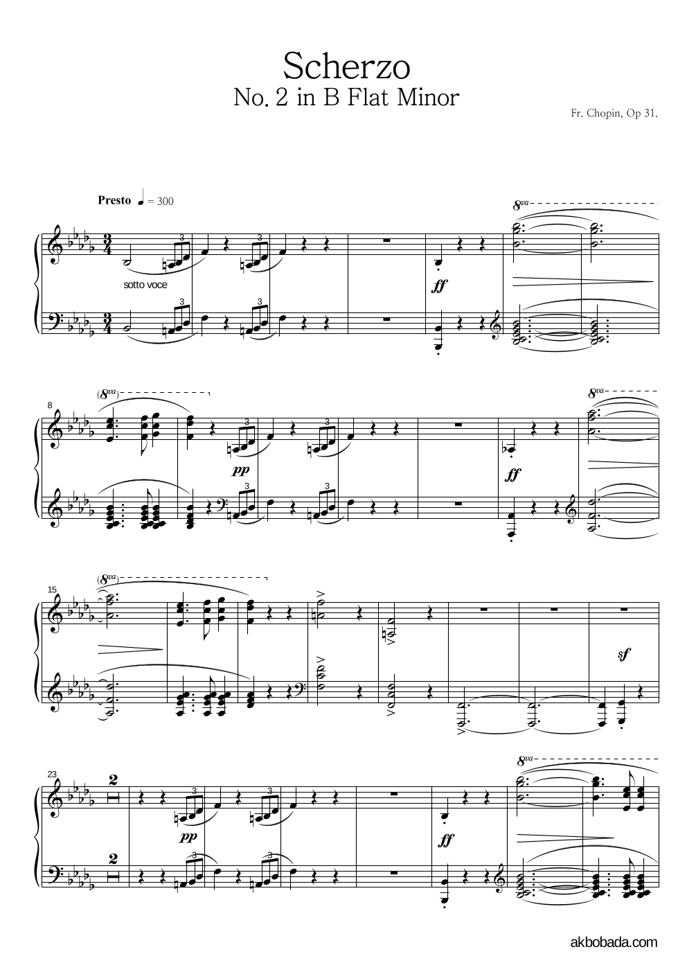 쇼팽 - Scherzo No.2 in B Flat minor 피아노 2단 악보 