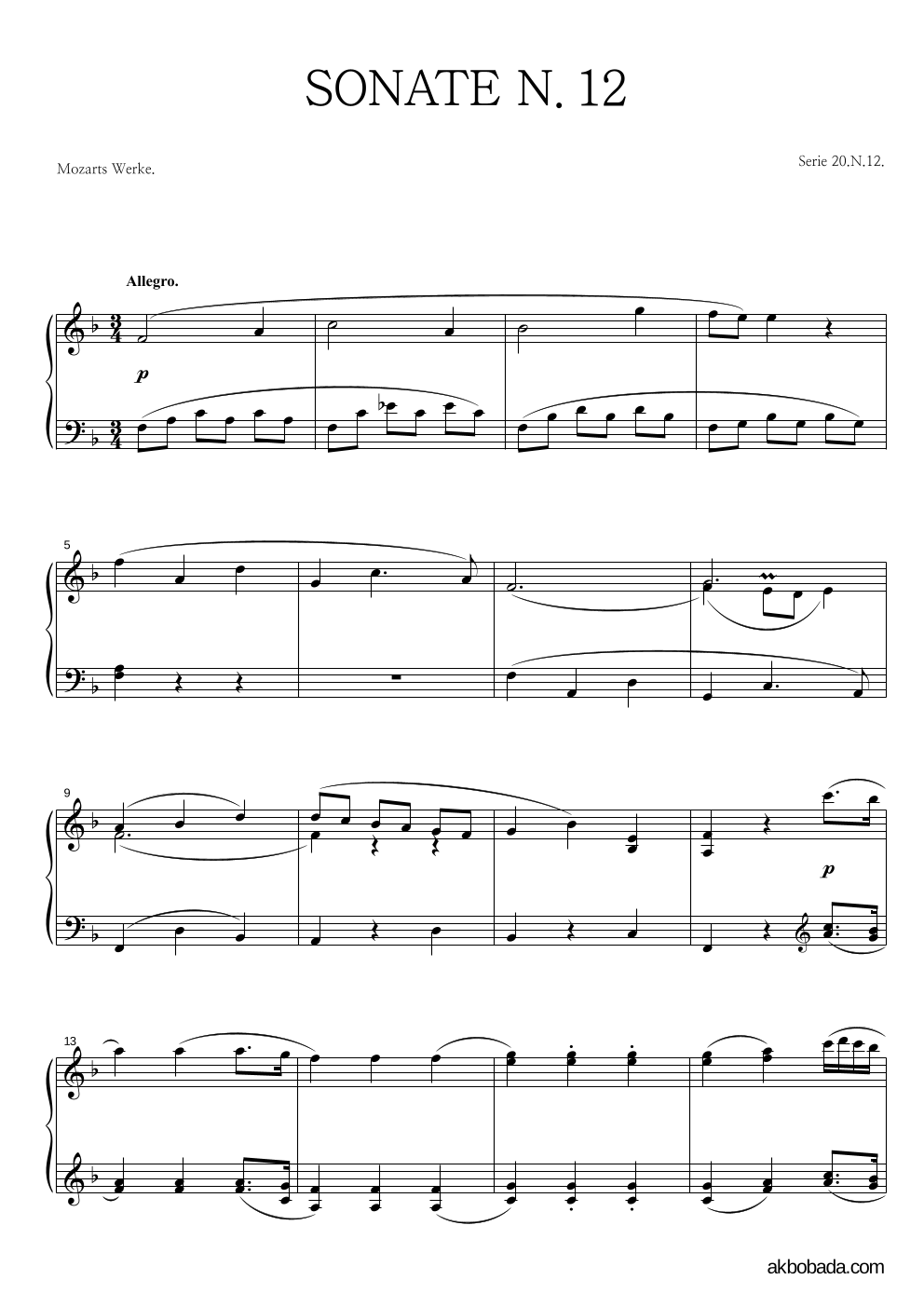 모차르트 - Piano Sonate No.12 F Major K.332 1악장 피아노 2단 악보 