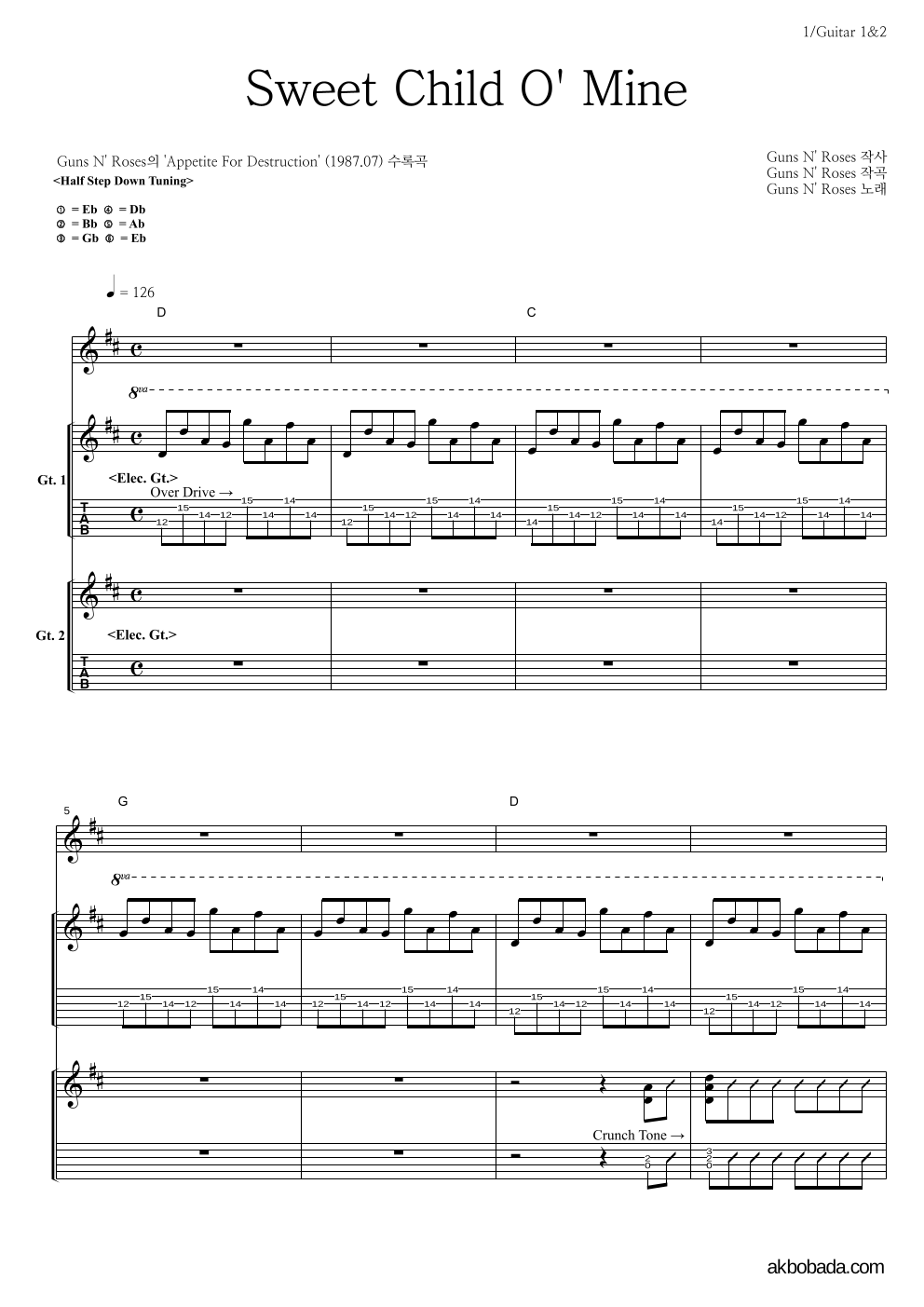 Guns N' Roses - Sweet Child O' Mine 기타1,2 악보 
