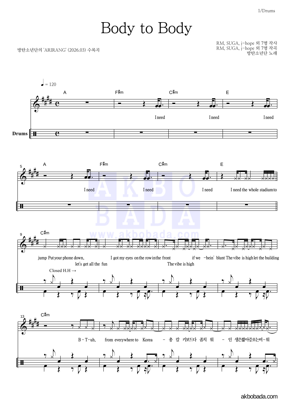 방탄소년단 - Body to Body 드럼 악보 