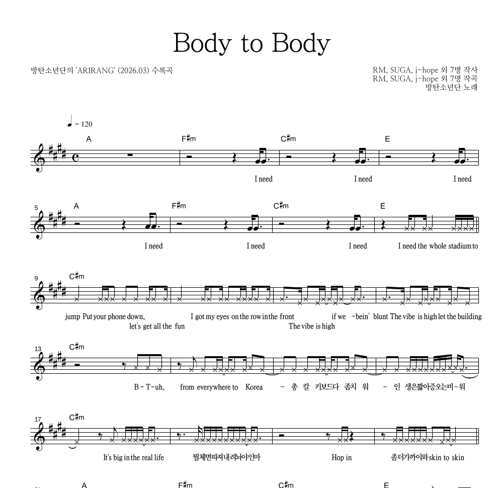 방탄소년단 - Body to Body 멜로디 악보 