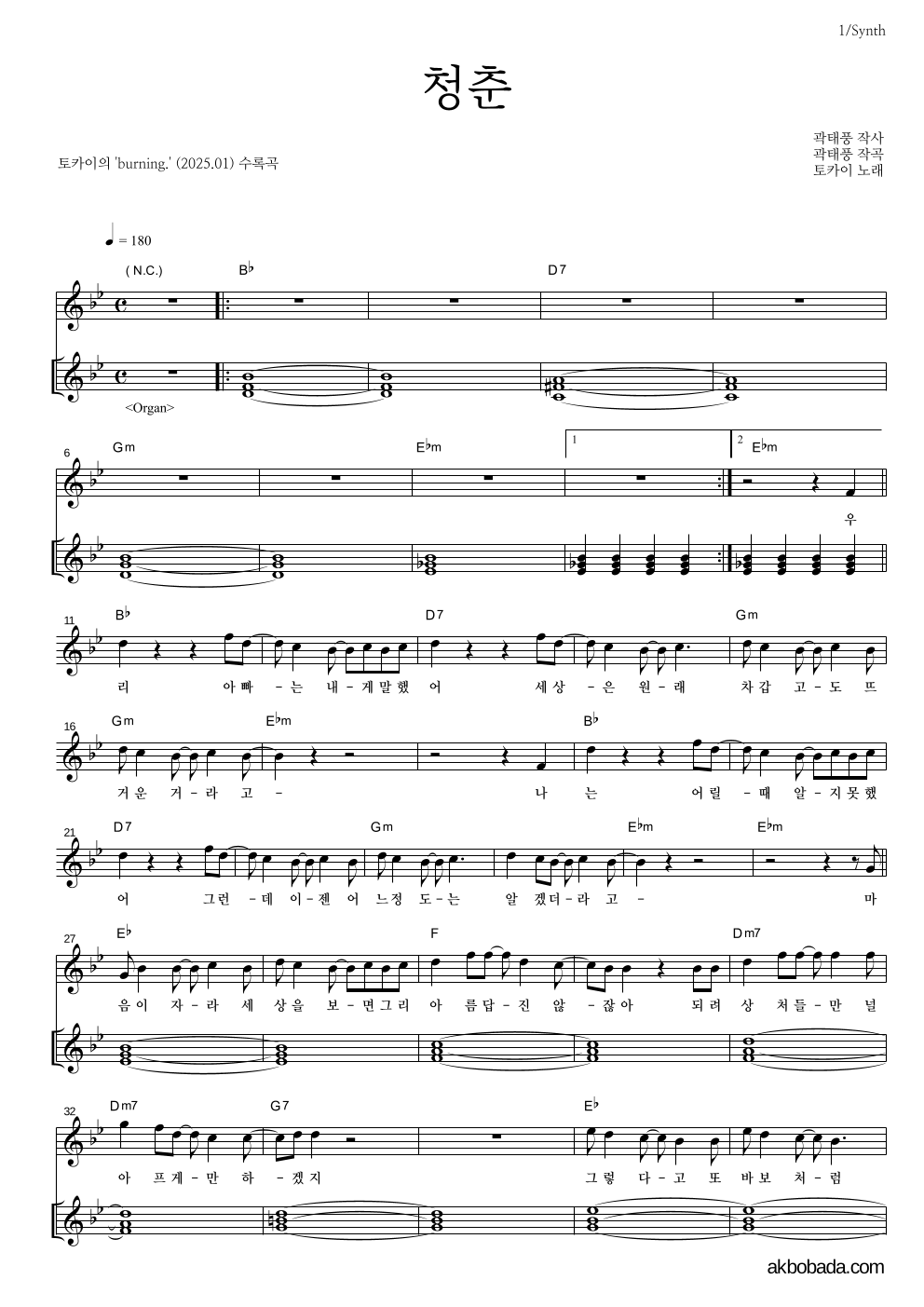 토카이 - 청춘 건반 악보 