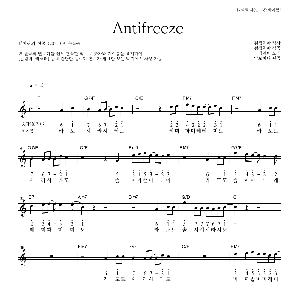 백예린 - Antifreeze 멜로디-숫자&계이름 악보 