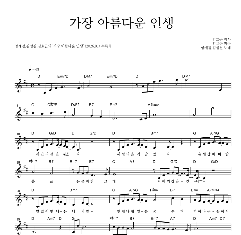 김효근 - 가장 아름다운 인생 멜로디 악보 