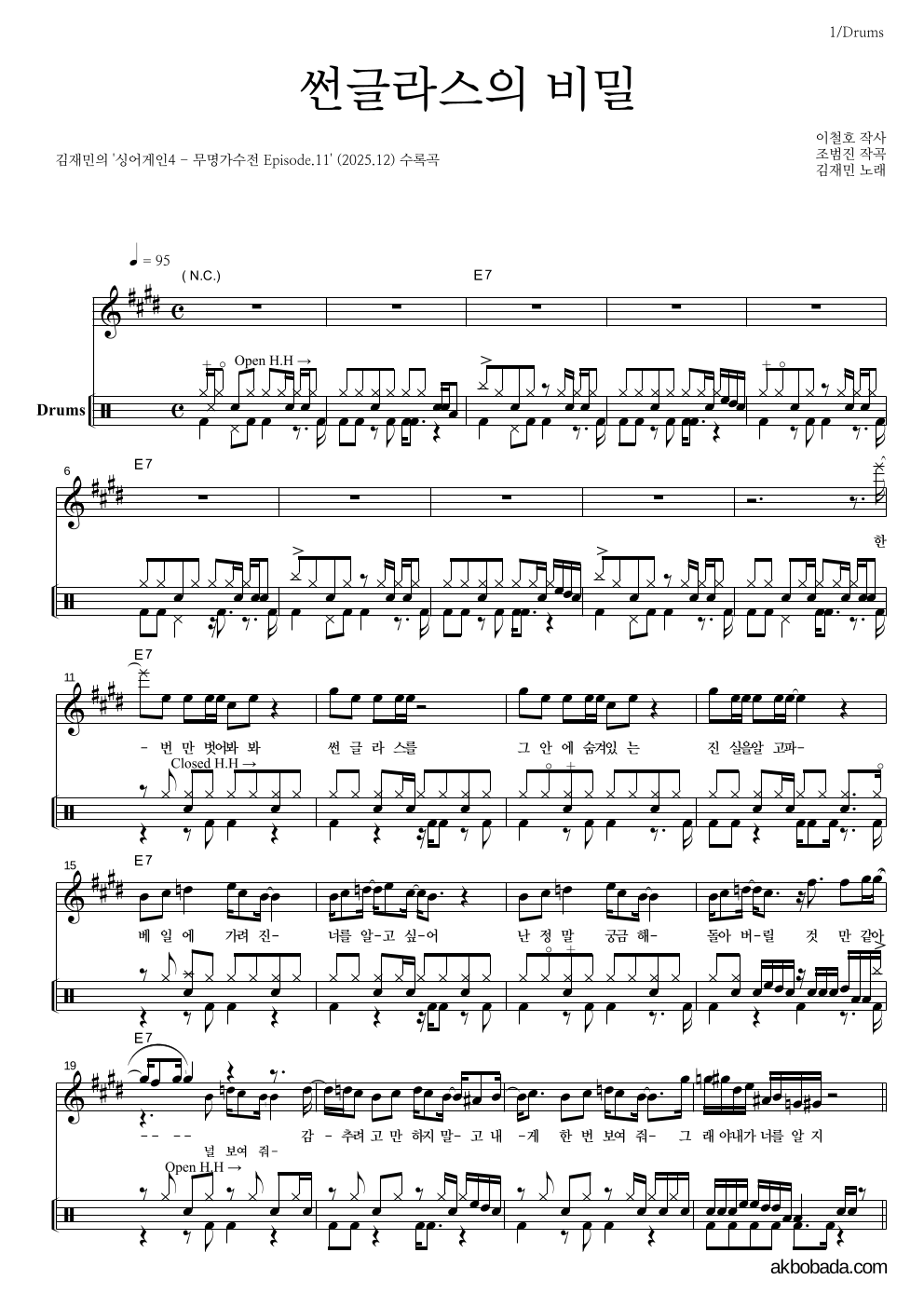 김재민 - 썬글라스의 비밀 드럼 악보 
