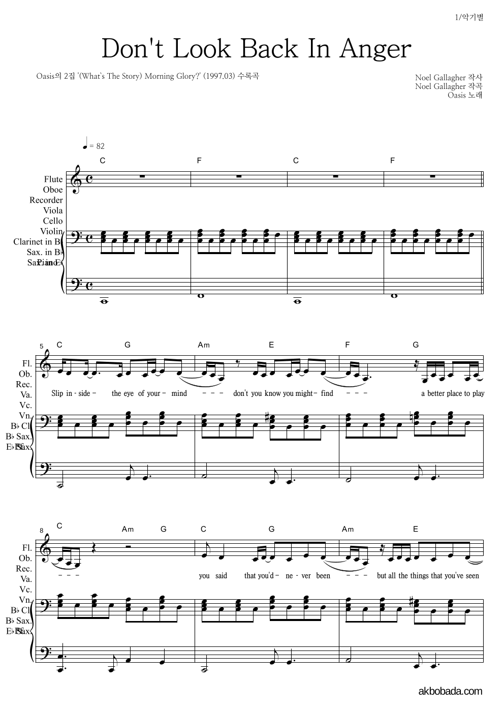 Oasis - Don't Look Back In Anger 플룻&피아노 악보 