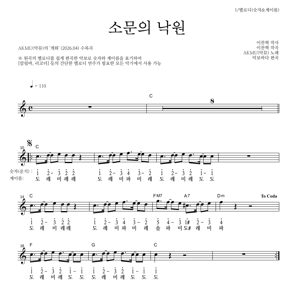 AKMU(악뮤) - 소문의 낙원 멜로디-숫자&계이름 악보 