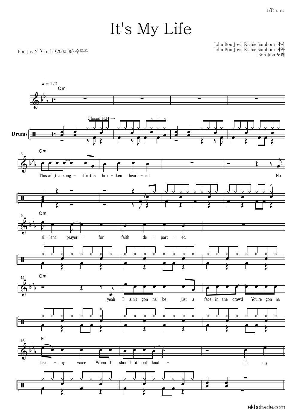 Bon Jovi - It's my life 드럼 악보 