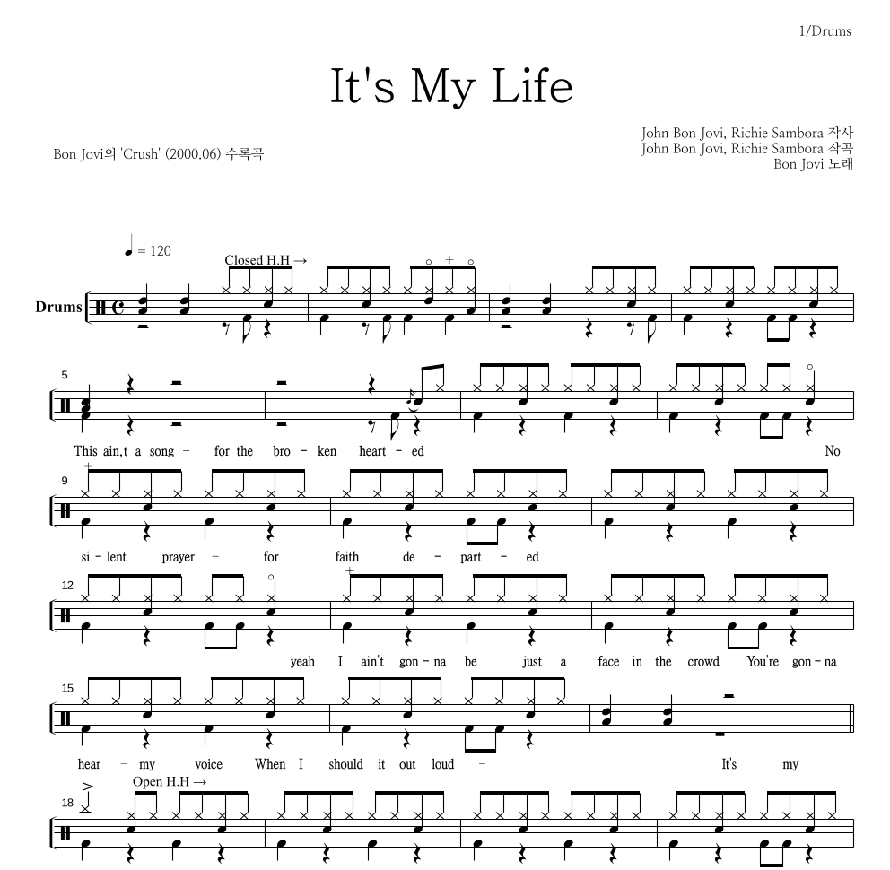 Bon Jovi - It's my life 드럼(Tab) 악보 