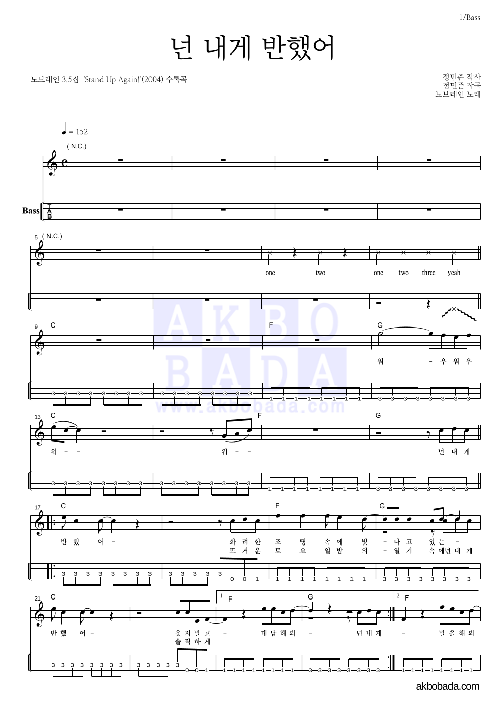 노브레인 - 넌 내게 반했어 베이스(Tab) 악보 