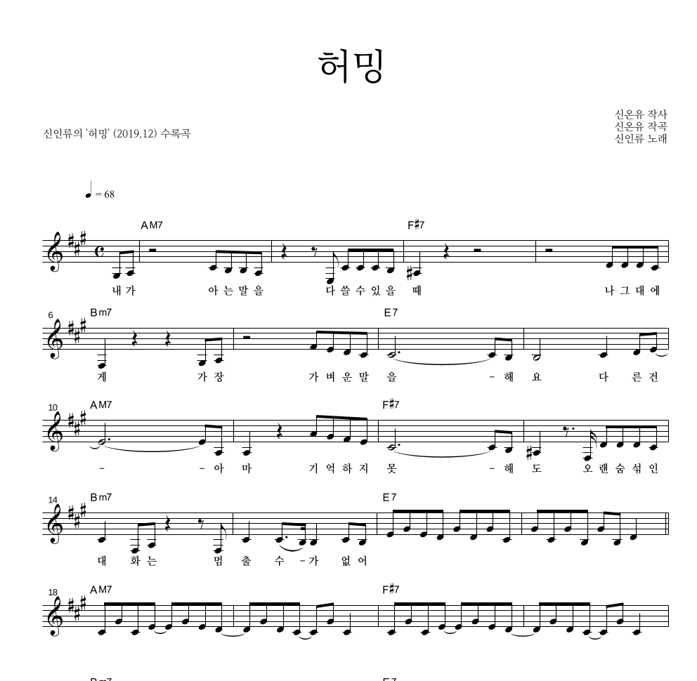 신인류 - 허밍 멜로디 악보 