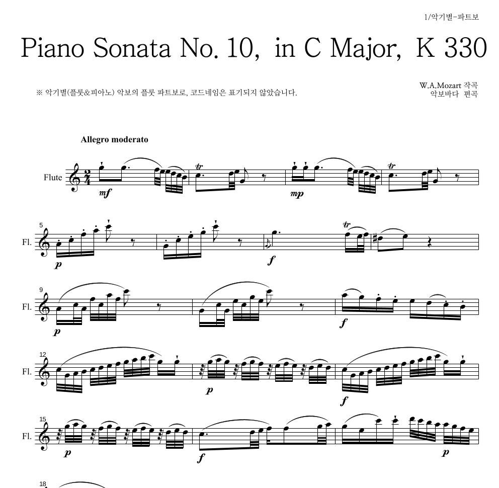 모차르트 - Piano Sonata No.10, in C Major, K 330 플룻 파트보 악보 