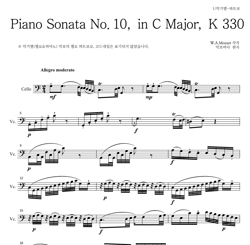 모차르트 - Piano Sonata No.10, in C Major, K 330 첼로 파트보 악보 