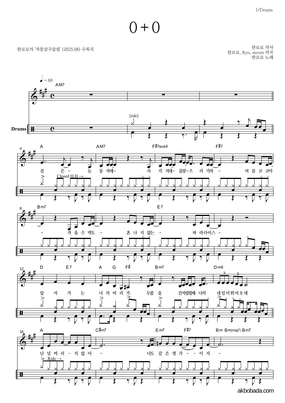 한로로 - 0+0 드럼 악보 