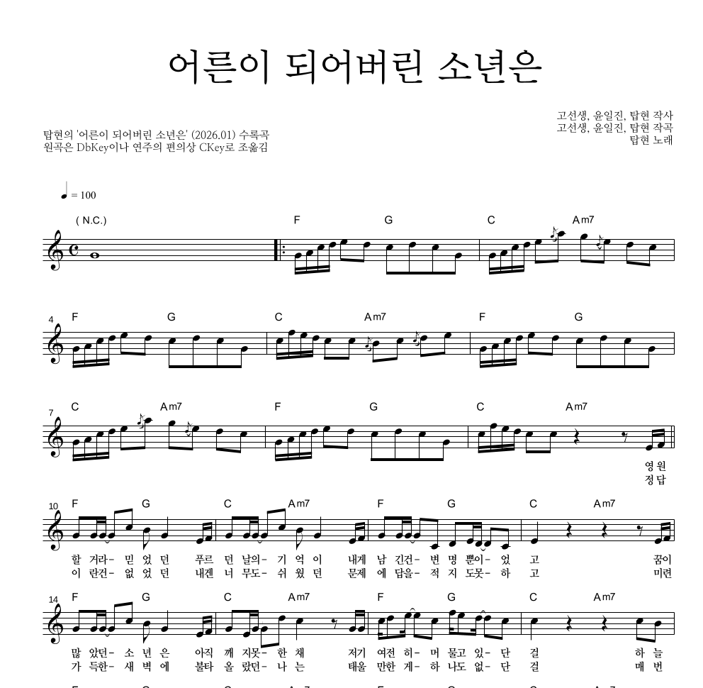 탑현 - 어른이 되어버린 소년은 멜로디 악보 
