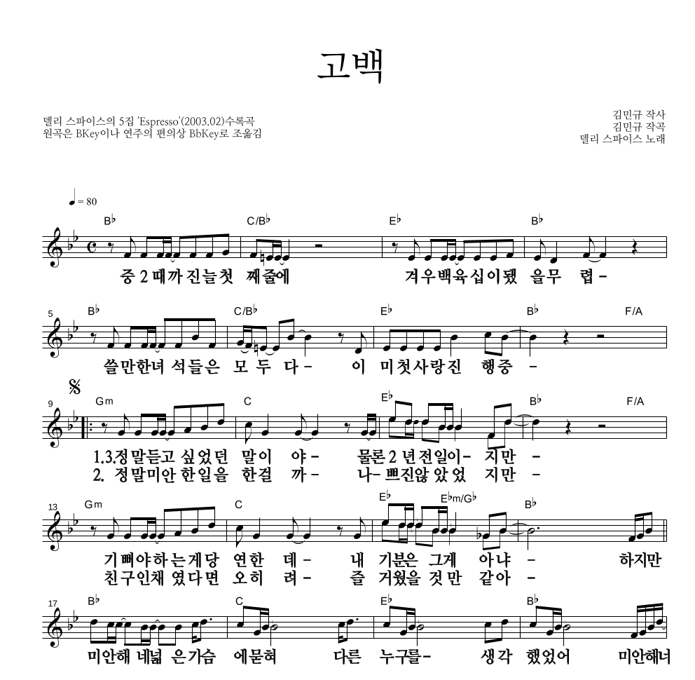 델리스파이스 - 고백 멜로디 큰가사 악보 
