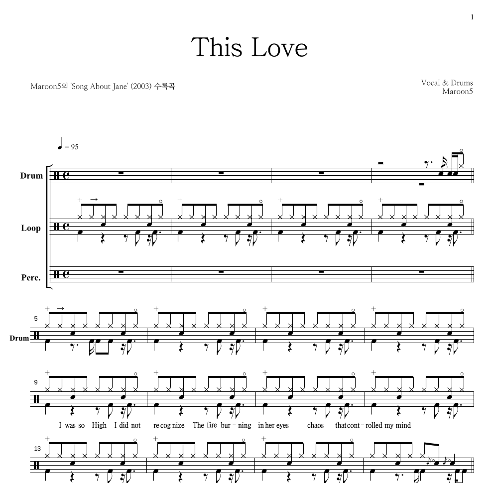 Maroon 5 - This Love 드럼(Tab) 악보 