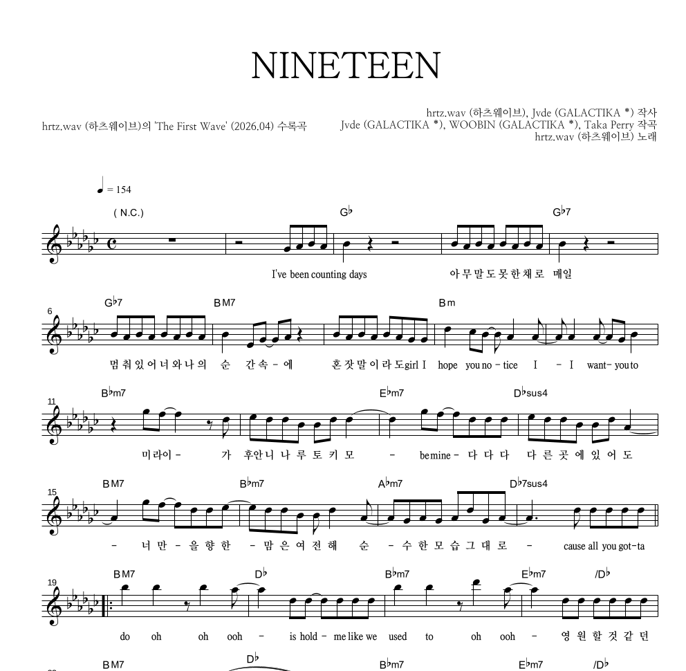 하츠웨이브 - NINETEEN 멜로디 악보 