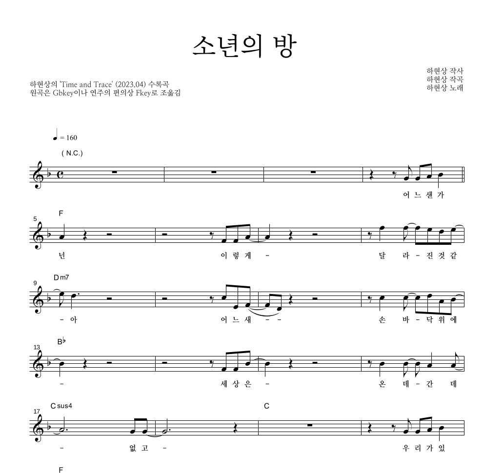 하현상 - 소년의 방 멜로디 악보 