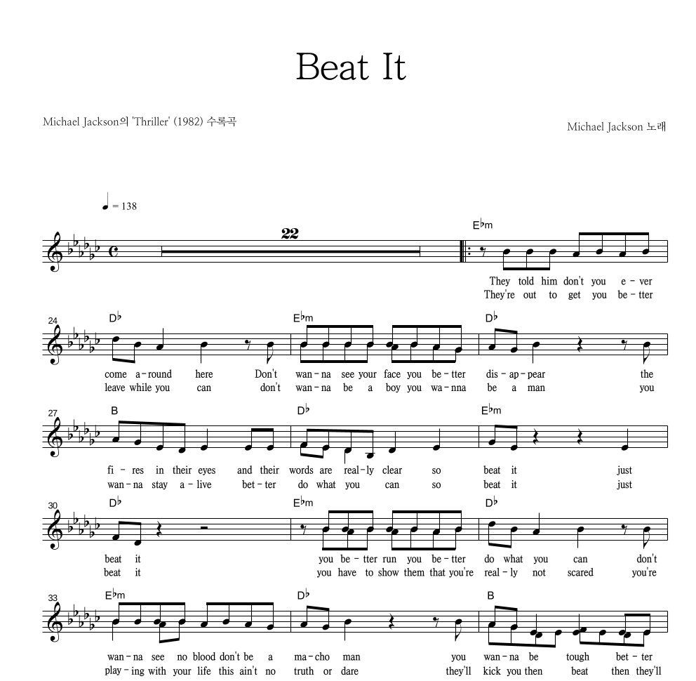 Michael Jackson - Beat It 멜로디 악보 