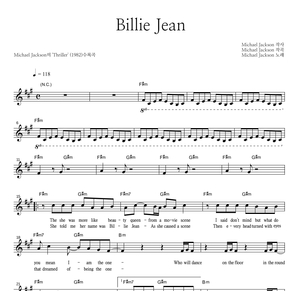 Michael Jackson - Billie Jean 멜로디 악보 