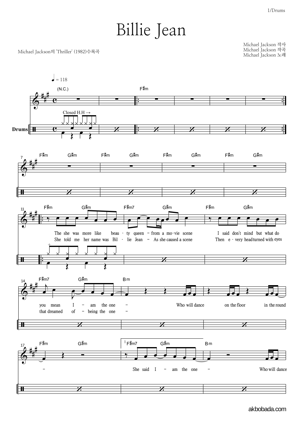 Michael Jackson - Billie Jean 드럼 악보 