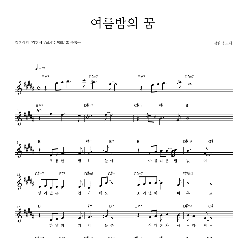 김현식 - 여름밤의 꿈 멜로디 악보 